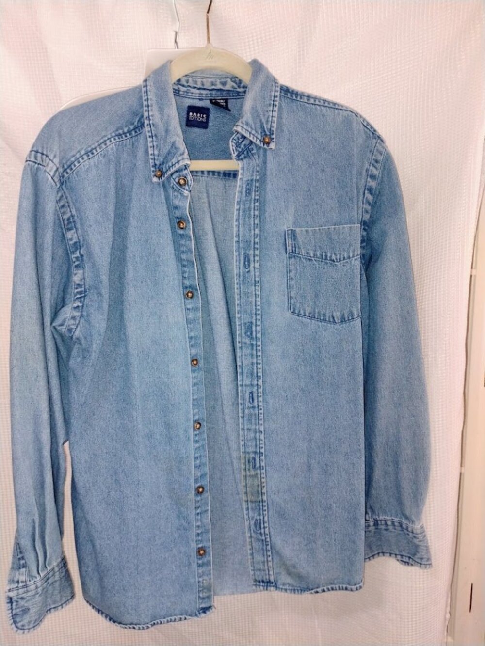 Vintage Basic Editions Men's Light Wash Denim Button-Down Shirt - Size Medium
